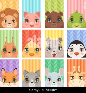 Portrait animal enfant. Lion pingouin girafe crocodile renard bébé animaux avatars avec tête oreilles nez chien souris porc cartes de dessin animé vectorielles Illustration de Vecteur