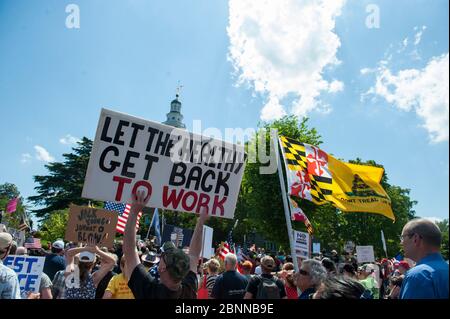 Annapolis, Maryland, États-Unis. 15 mai 2020. Des centaines de personnes assistent à une manifestation de réouverture dans le Maryland sur le terrain de l'État du Maryland à Annapolis, au Maryland, le vendredi 15 mai 2020. Le gouverneur du Maryland Larry Hogan met en œuvre la phase 1 du calendrier de reprise économique COVID-19 du Maryland à 17 h, heure normale de l'est aujourd'hui. (Photo de Rod Lamkey Jr./SIPA USA) crédit: SIPA USA/Alay Live News Banque D'Images