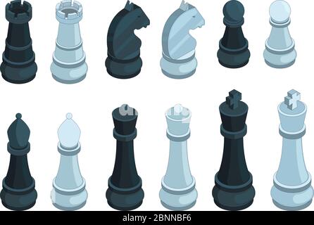 Échecs isométriques. Jeu de société figures pièce queen évêque stratégie vecteur 3d images ensemble isolé Illustration de Vecteur