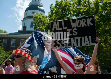 Annapolis, Maryland, États-Unis. 15 mai 2020. Des centaines de personnes assistent à une manifestation de réouverture dans le Maryland sur le terrain de l'État du Maryland à Annapolis, au Maryland, le vendredi 15 mai 2020. Le gouverneur du Maryland Larry Hogan met en œuvre la phase 1 du calendrier de reprise économique COVID-19 du Maryland à 17 h, heure normale de l'est aujourd'hui. (Photo de Rod Lamkey Jr./SIPA USA) crédit: SIPA USA/Alay Live News Banque D'Images