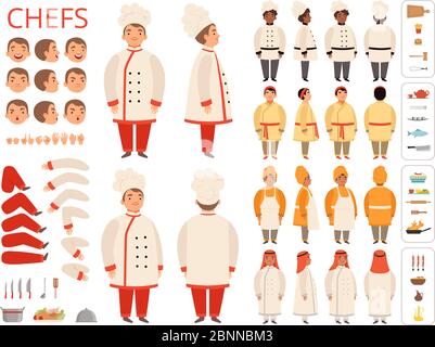 Cuisine nationale. Asiatique noir arabe indian chef corps parties diverses poses et cuisine éléments vecteur constructeur Illustration de Vecteur