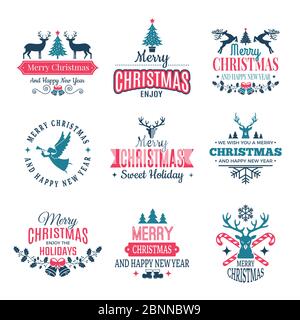 Éléments de Noël. Étiquettes de vacances bordures badges et vintage New Year timbres vecteur voeux avec votre texte Illustration de Vecteur