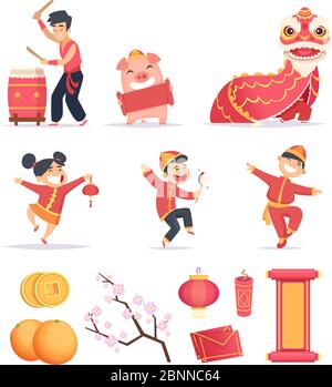 Nouvelle année asiatique. Les Chinois heureux fêtent 2019 avec des symboles traditionnels dragons lanterne frecrackers images vectorielles Illustration de Vecteur
