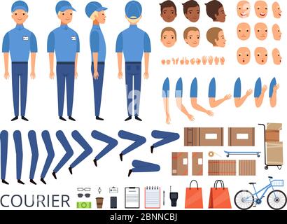 Animation des caractères de la boîte de messagerie. Parties du corps tête bras chapeau mains de l'employé d'entrepôt face à un kit de création de vecteur Illustration de Vecteur