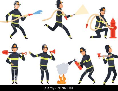 Personnages pompier. Sauvetage pompier économiser aider les gens à l'eau et à l'incendie vecteur mascottes dans l'action pose Illustration de Vecteur