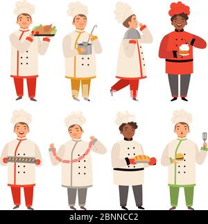 Cuisinez des personnages. Chef à la cuisine cuisine cuisine divers savoureux aliments drôle mascotte de dessin animé dans diverses poses Illustration de Vecteur