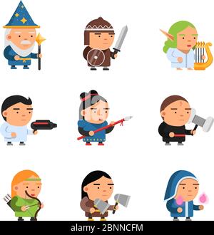 Personnages fantaisie. jeu 2d sprite héros hommes et femmes ordinateur soldats rpg shooter mascottes soldats chevaliers magiciens vecteur Illustration de Vecteur