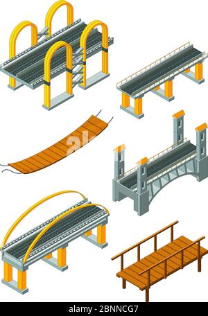 Pont de Viaduc isométrique. Support en bois traversant l'industrie forestière de rivière ou d'autoroute vecteur paysage urbain Illustration de Vecteur