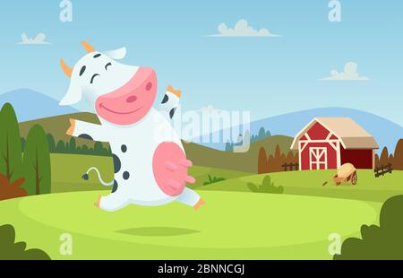 Vache à la ferme. Ranch de terrain animaux de lait manger et jouer sur l'herbe alpes paysage vecteur personnage de dessin animé arrière-plan Illustration de Vecteur