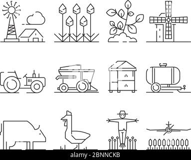 Icône linéaire de ferme. Agricultura nature village champs blé symboles vecteur isolé Illustration de Vecteur