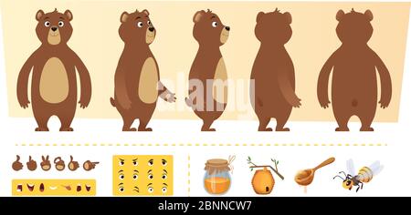 Animation de l'ours de dessin animé. Mignons parties du corps d'animal sauvage et éléments de nature miels arbres vecteur personnage création kit Illustration de Vecteur