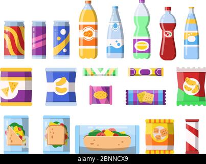 En-cas et boissons. Produits de merchandising fast food plastique récipients eau soda biscuits chips barre chocolat vecteur images plates Illustration de Vecteur