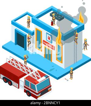 Construction en isométrique flamme. Les pompiers au travail éteignent le feu de la conduite au grand rouge de voiture brûlant ville vecteur 3d paysage Illustration de Vecteur