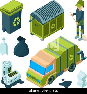 Recyclage des déchets isométrique. Service de nettoyage urbain camion incinérateur urbain bac utilitaire avec vecteur de déchets 3d collection Illustration de Vecteur