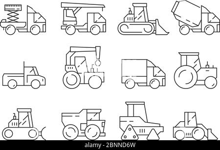 Véhicules de construction. Machines lourdes pour les constructeurs chariots levage grue bulldozer vecteur linéaire symboles isolés Illustration de Vecteur