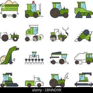 Transport de village. Machines agricoles et technique chargeur de pelle creuse lourde Abatteuse bulldozer tracteur vecteur équipement automobile Illustration de Vecteur