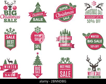 Noël solde étiquettes badges. Les meilleures offres de vacances étiquettes avec de grandes remises Vector Template collection Illustration de Vecteur