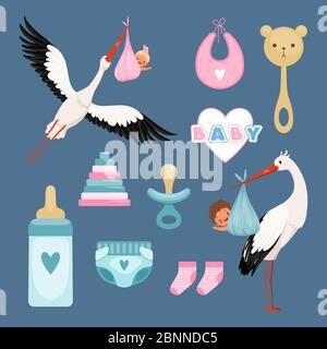 Jeu d'icônes nouveau-né. Articles mignons pour enfants robes fleurs jouets petit volant de cigogne avec bébé vecteur articles de couleur Illustration de Vecteur