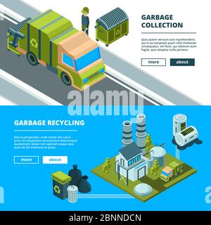 Nettoyage des banderoles de recyclage des déchets. Tri des déchets et nettoyage de l'environnement urbain déchets incinérateur camion vecteur images concept Illustration de Vecteur