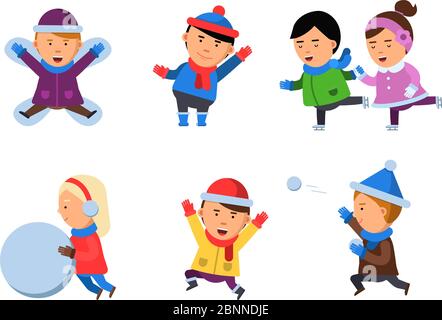 Vêtements hiver pour enfants. Personnages jouant des jeux en action pose acclamations collection sourire gens neige bottes dessin animé plat mascottes isolées Illustration de Vecteur