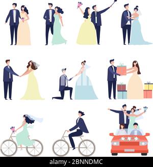 Forfait cérémonie de mariage. Mariage amour couples heureux personnages préparation mariée célébration vecteur personnages mâle femelle Illustration de Vecteur