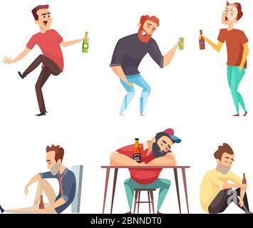 Dépendance alcoolique. Les personnes toxicomanes l'alcoolisme et les drogues la personne buvant la bière vodka l'abus de whisky personnages vecteurs isolés Illustration de Vecteur