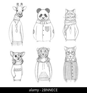 Personnages animaux mode. Hipster dessins à la main animaux dans divers vêtements images vectorielles Illustration de Vecteur