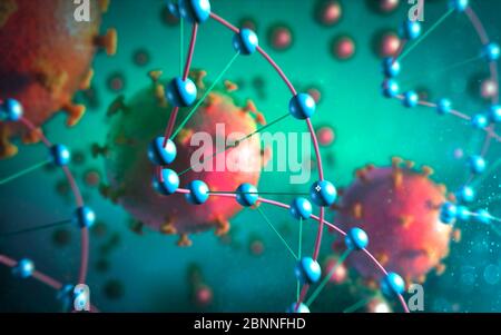 Illustration de l'ADN et des coronavirus, la cause de la nouvelle maladie covid-19. Cette maladie a été détectée pour la première fois à Wuhan, en Chine, en décembre 2019. Elle est contagieuse et s'est depuis répandue rapidement dans le monde entier. La maladie provoque de la fièvre, de la toux et de l'essoufflement, et peut entraîner une pneumonie mortelle dans certains cas. Le COV-SRAS-2 est un virus à ARN qui utilise des pointes de protéines pour entrer dans les cellules hôtes. Banque D'Images