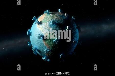 Illustration d'un coronavirus sous la forme de la Terre. Un virus comme celui-ci est la cause de la nouvelle maladie covid-19. Cette maladie a été détectée pour la première fois à Wuhan, en Chine, en décembre 2019. Elle est contagieuse et s'est depuis répandue rapidement dans le monde entier. La maladie provoque de la fièvre, de la toux et de l'essoufflement, et peut entraîner une pneumonie mortelle dans certains cas. Le COV-SRAS-2 est un virus à ARN qui utilise des pointes de protéines pour entrer dans les cellules hôtes. Banque D'Images