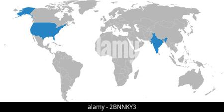 Carte de l'Inde, des États-Unis mise en évidence en bleu sur le vecteur de la carte du monde. Fond gris. Idéal pour les arrière-plans, la toile de fond, les concepts d'affaires, la présentation, les graphiques et les wa Illustration de Vecteur