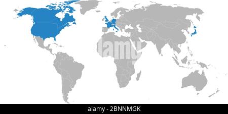 Carte des pays du G7 mise en évidence en bleu sur le vecteur de carte du monde. Fond gris. Idéal pour les concepts d'affaires, les arrière-plans, la toile de fond, la bannière et les fonds d'écran. Illustration de Vecteur