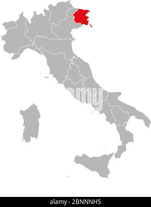 Friuli venezia giulia marqué rouge sur la carte de l'italie. Fond gris. Carte politique italienne. Illustration de Vecteur