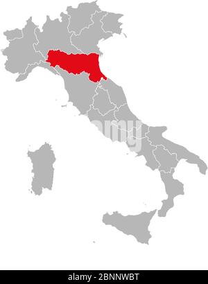 Emilia romagna marquée en rouge sur la carte de l'italie. Fond gris. Carte politique italienne. Illustration de Vecteur