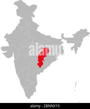 État Chhattisgarh marqué rouge sur le vecteur de carte indien. Fond gris clair. Idéal pour les concepts d'entreprise, toile de fond, arrière-plans, étiquette, autocollant, graphique Illustration de Vecteur
