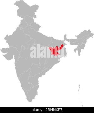 Jharkhand state highlighted red on indian map vector. Light gray background. Perfect for business concepts, backdrop, backgrounds, label, sticker, cha Illustration de Vecteur