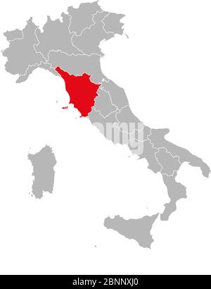 La province de Toscane est marquée en rouge sur la carte de l'italie. Fond gris. Carte politique italienne. Illustration de Vecteur