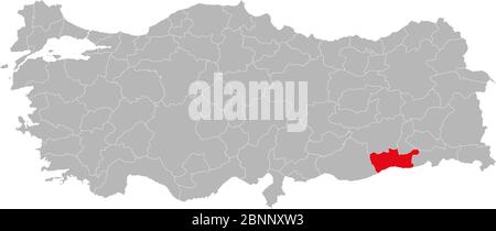 La province de Mardin a mis en évidence la couleur rouge sur le vecteur de la carte politique de la turquie. Fond gris. Illustration de Vecteur