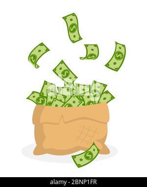 Sac d'argent. Emballage de billets de dessin animé plat, dollar vert. Financement concept et banques, épargne, investissements. Des centaines de dollars, des billets papier. Isolé sur fond blanc. Illustration de Vecteur