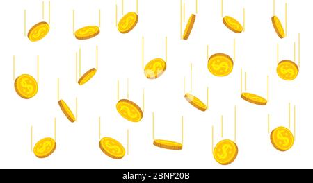 Pièces en mouvement, style de dessin animé plat. Les pièces d'or pleuvoir. Le signal de la banque de change est en vol. Des centaines d'encaisser des positions différentes. Illustration vectorielle isolée Illustration de Vecteur