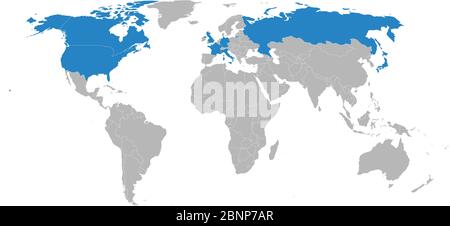 Carte géographique des pays membres du G8 en bleu sur la carte du monde. Idéal pour l'arrière-plan, le fond, le graphique, les concepts commerciaux, l'étiquette, l'autocollant, l'affiche Illustration de Vecteur