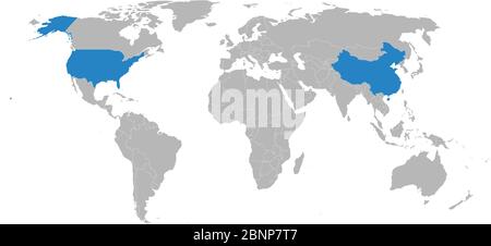 Chine, Etats-Unis carte politique mise en évidence en bleu sur la carte du monde. Fond gris clair. Conception graphique d'illustration vectorielle. Idéal pour les arrière-plans, les arrière-plans, Illustration de Vecteur