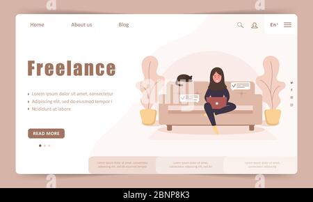 Freelance pour femme. Fille arabe dans hijab avec ordinateur portable assis sur le canapé. Modèle de page d'arrivée. Illustration de concept pour travailler, étudier, éducation Illustration de Vecteur