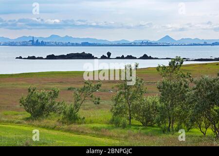 Vue de Grundarhverfi sur le Kolafjoerdur à Reykjavik avec la Hallgrimskirkja sur fond de montagnes du Blafjoell. Banque D'Images