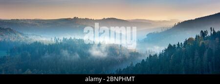 Paysage vallonné avec brouillard au Hohenwartsalsperre au lever du soleil en automne, Obere Saale, Parc naturel des montagnes du Slate de Thuringe, Thuringe, Allemagne Banque D'Images