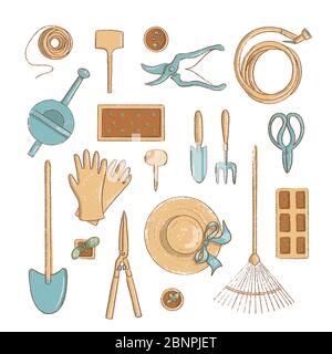 Ensemble d'icônes de jardinage de la vue de dessus. Collection d'outils horticoles utiles bêche, chapeau etc. Dessin animé style vintage Illustration de Vecteur