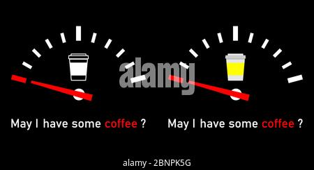 Tasse à café à emporter avec jauge de carburant sur fond noir, concept vectoriel avec monochrome et jeu de couleurs. Illustration de Vecteur