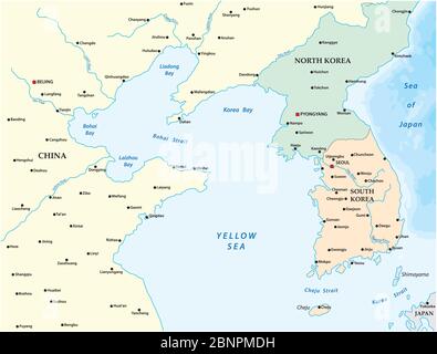 Carte vectorielle de la mer jaune entre la Chine, la Corée du Nord et la Corée du Sud Illustration de Vecteur