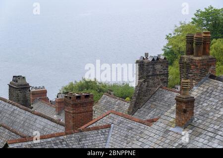 Toits de maisons avec cheminées, Clovelly, Devon, Angleterre du Sud-Ouest, Angleterre, Royaume-Uni, Europe Banque D'Images