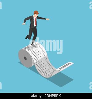 3D plat isométrique homme d'affaires équilibre sur le rouleau de réception. Notion de dette et de frais d'entreprise. Illustration de Vecteur
