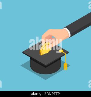 Main d'homme d'affaires isométrique en 3d à plat mettant une pièce de monnaie en or dans la casquette de graduation. Concept d'épargne et d'investissement dans l'éducation. Illustration de Vecteur